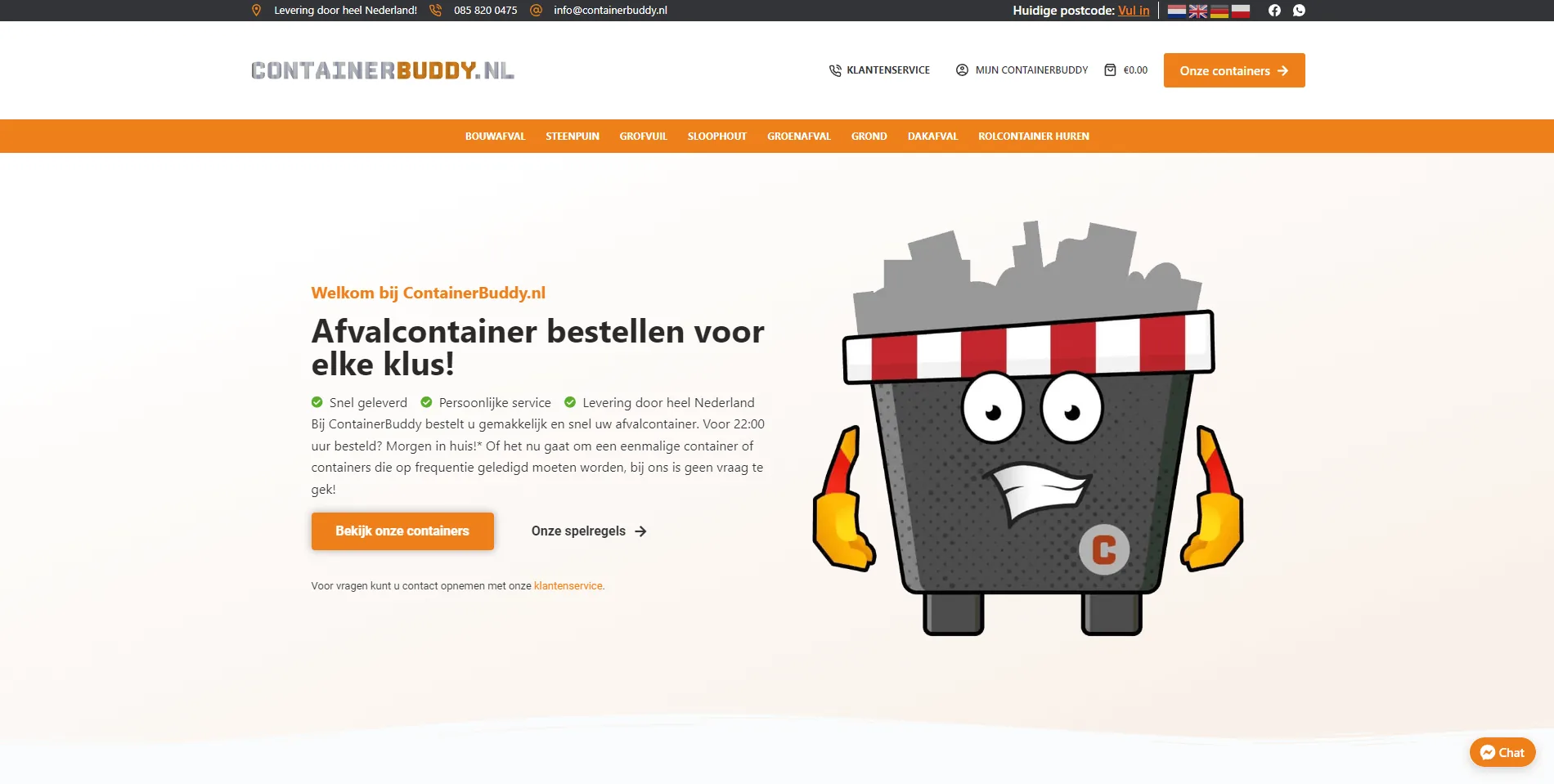 De webshop van Containerbuddy voor het huren van afvalcontainers, gebouwd door Vimonto