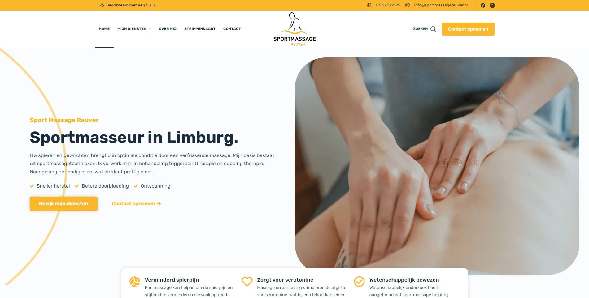 De website van een sportmasseur in Limburg, gebouwd door Vimonto
