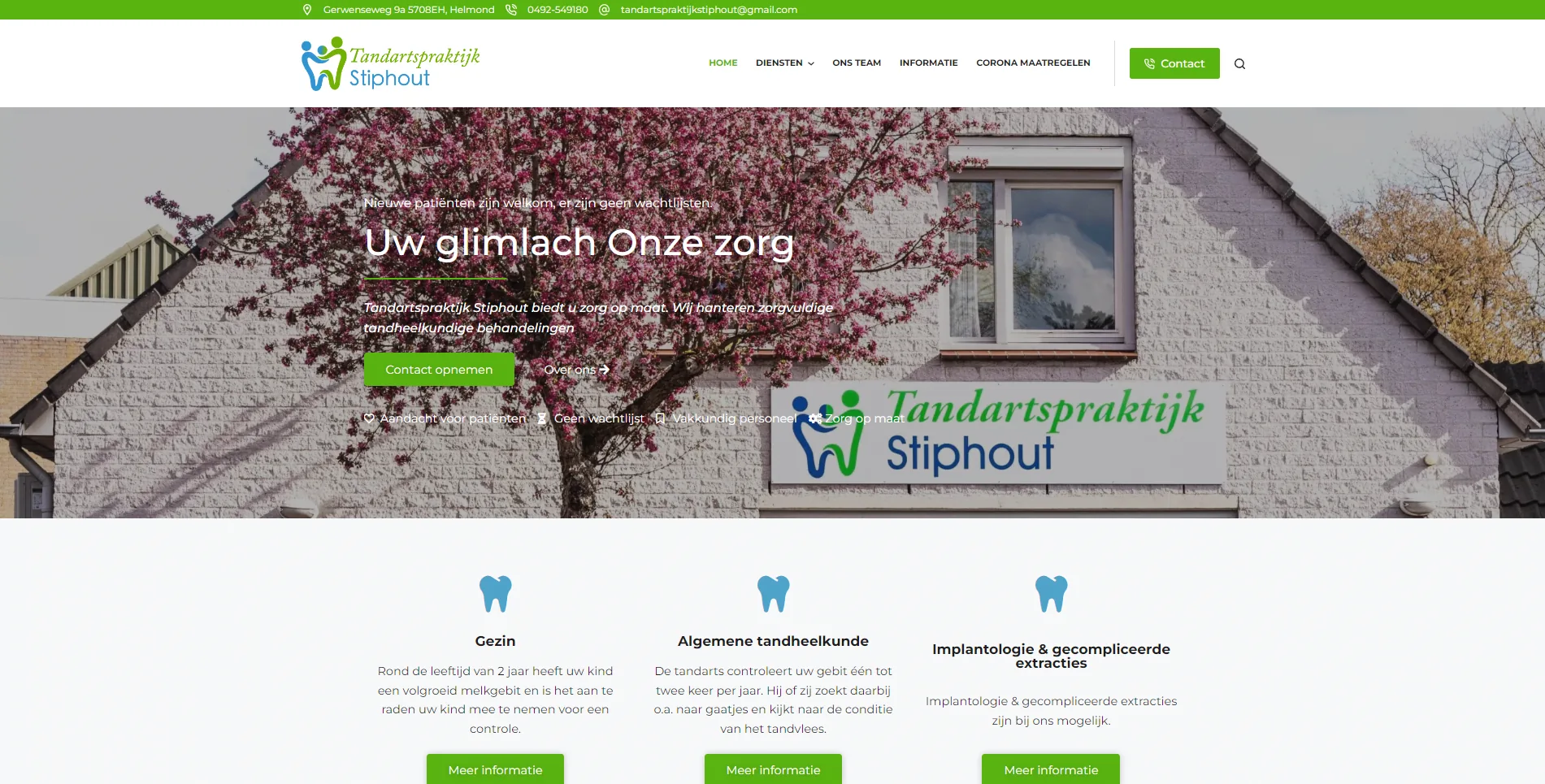 De website van Tandartspraktijk Stiphout, gebouwd door Vimonto