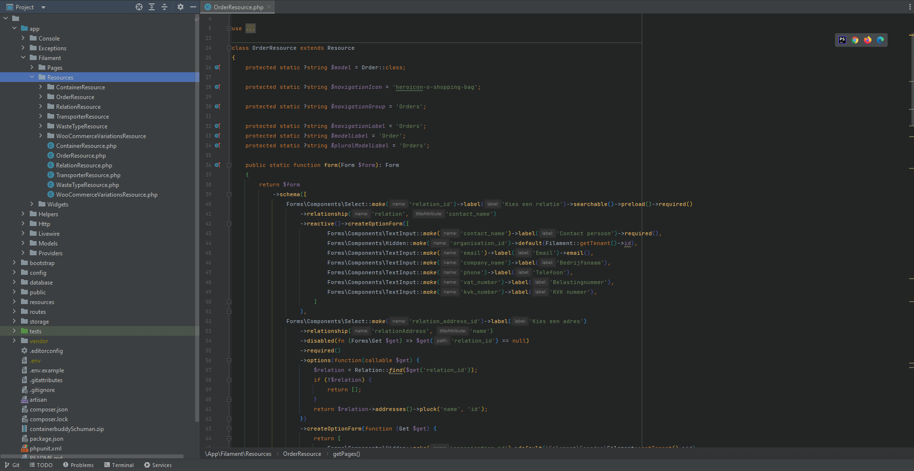 De code van een maatwerk webapplicatie van Vimonto in de editor