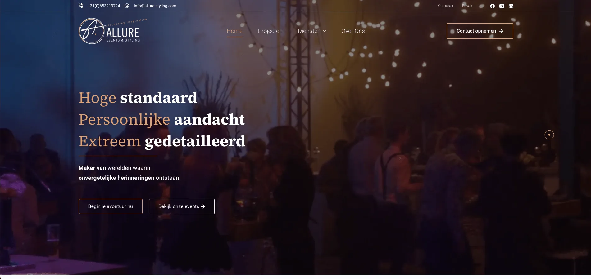 De website van Allure Events & Styling, gebouwd door Vimonto