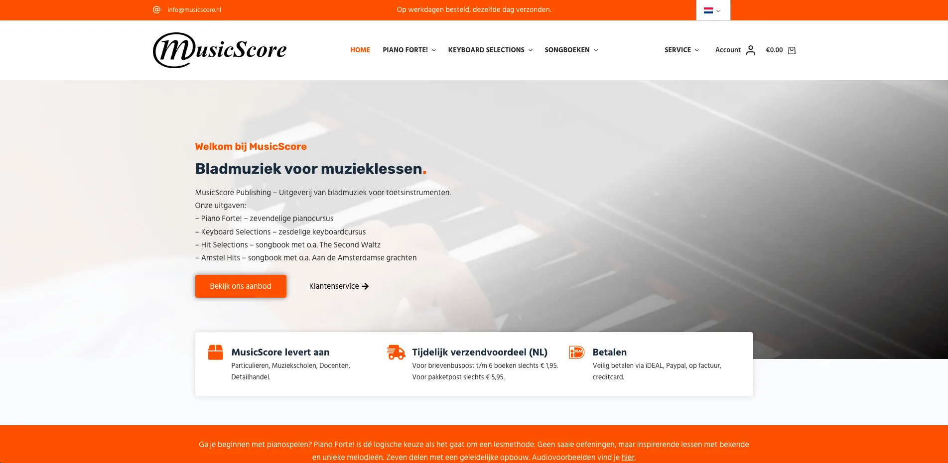 De website van MusicScore, gebouwd door Vimonto