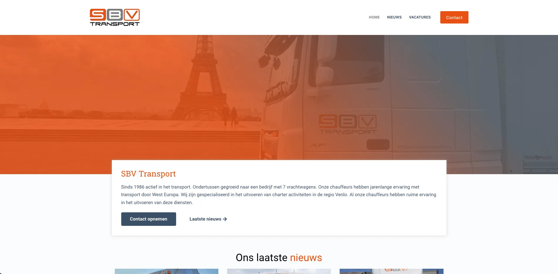 De website van SBV Transport, gebouwd door Vimonto